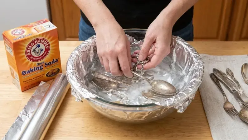 Proceso de limpieza de plata con papel de aluminio y agua hirviendo paso a paso