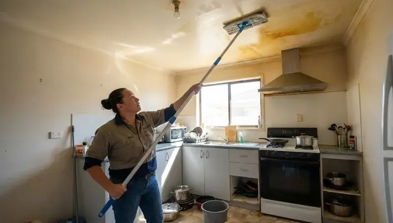 Uso correcto de una mopa plana con mango telescópico largo para fregar el techo blanco de una cocina llena de grasa