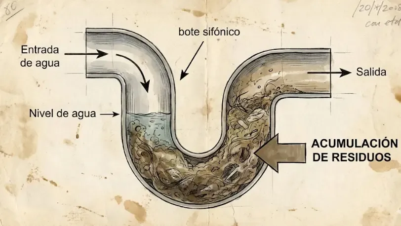Esquema de un bote sifónico abierto mostrando la acumulación de residuos