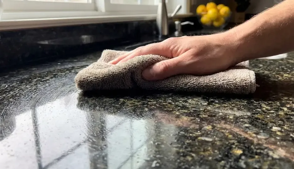 Primer plano de una encimera de granito siendo limpiada con un paño suave