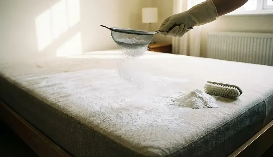 Aplicación de bicarbonato sobre un colchón para limpieza en seco