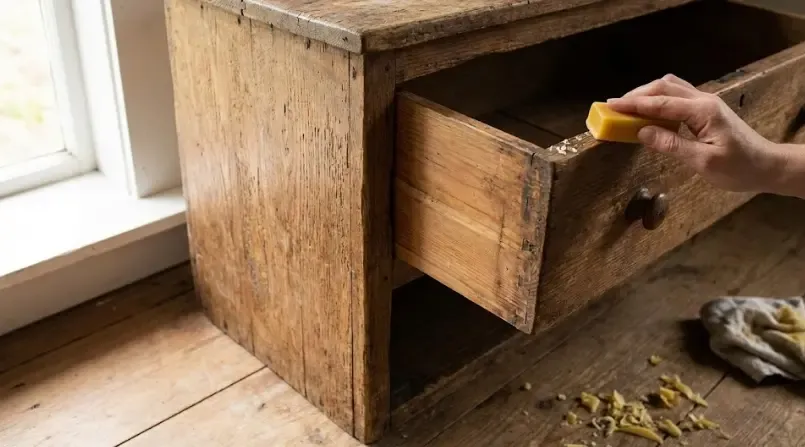 Aplicación de cera o jabón en los rieles de un cajón de madera antiguo