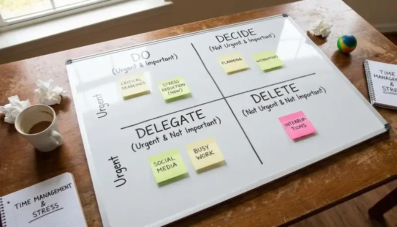 Esquema visual de la Matriz de Eisenhower dividida en cuatro cuadrantes: Hacer, Planificar, Delegar y Eliminar