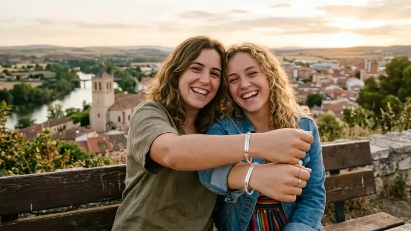 Dos manos de mujeres jóvenes entrelazadas llevando unas pulseras minimalistas de plata a juego