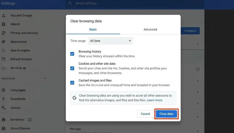 Captura de pantalla del menú borrar datos de navegación en Google Chrome con las opciones seleccionadas