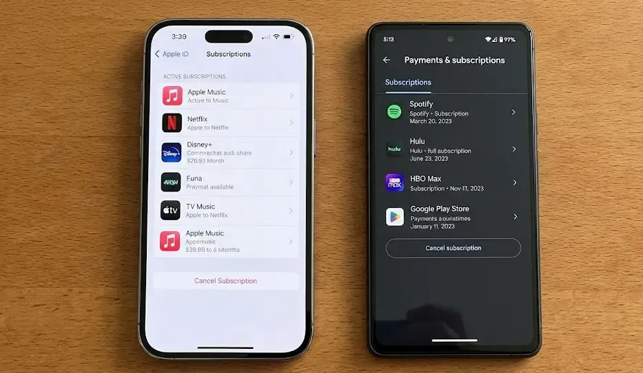 Captura de pantalla comparativa de los menús de cancelación de suscripciones ocultos en iOS y Android