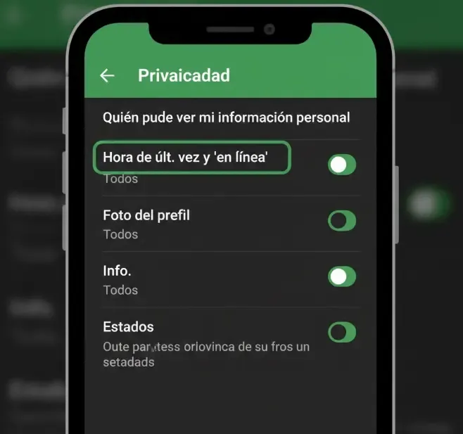 Captura de pantalla del menú de privacidad de WhatsApp mostrando las opciones de hora de conexión