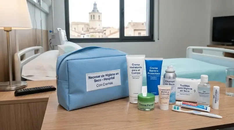 Un neceser de viaje elegante con crema de manos, champú en seco y un bálsamo labial sobre la mesita del hospital