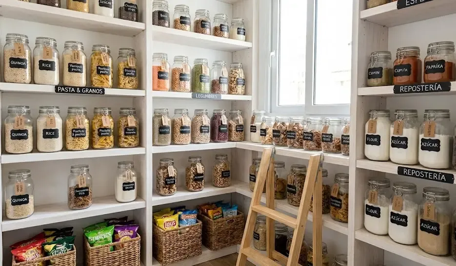 Despensa organizada con botes herméticos etiquetados y ordenados por categorías