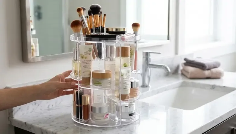 Organizador de maquillaje acrílico giratorio 360 grados lleno de cosméticos sobre el lavabo de un baño elegante