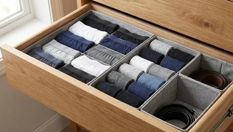 Cajón organizado con separadores de tela para ropa interior y calcetines