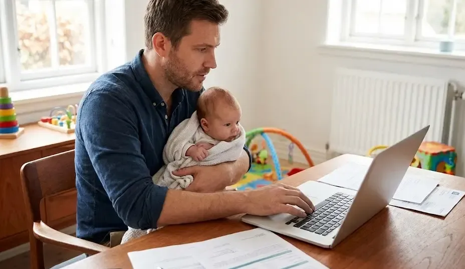 Padre con un bebé en brazos gestionando papeles en un portátil