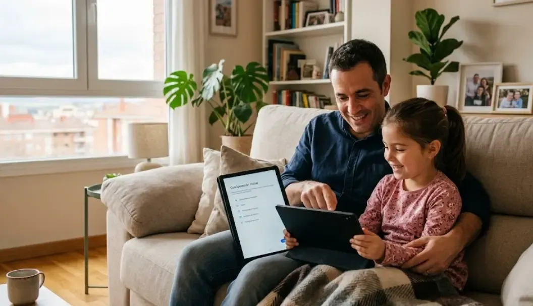 Padre e hija configurando juntos una tablet en el sofá de casa con actitud positiva