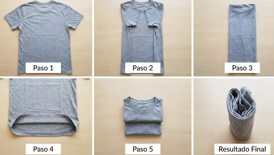 Secuencia de imágenes mostrando los pasos del doblado vertical de una camiseta