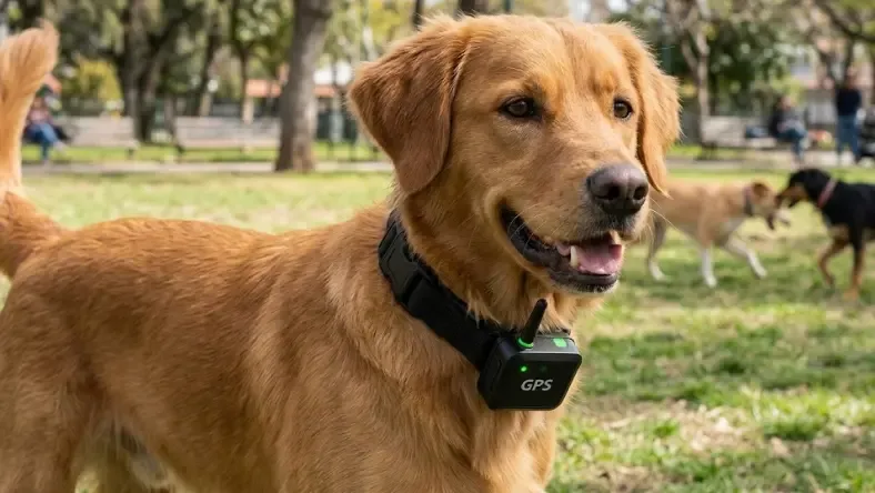 Un perro en el parque llevando un moderno rastreador GPS enganchado de forma segura a su collar azul