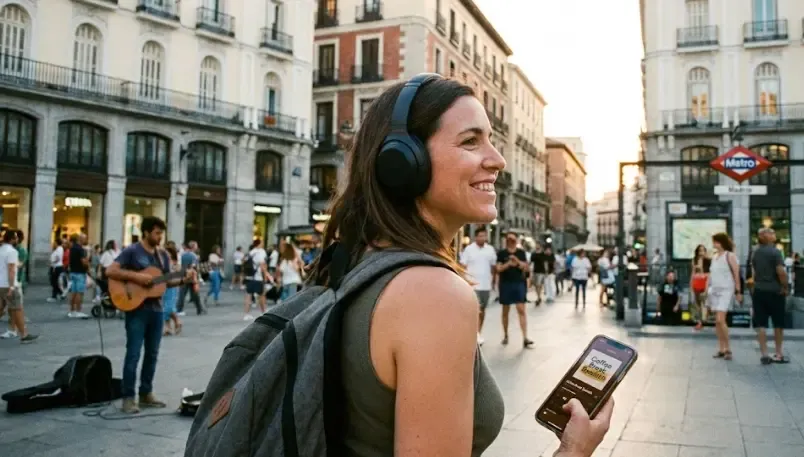 Persona con auriculares puestos caminando por la ciudad mientras escucha un podcast de idiomas
