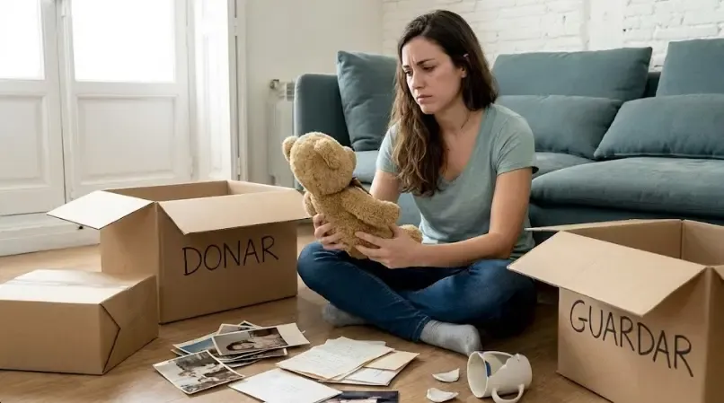 Persona sosteniendo una caja llena de objetos antiguos y sintiendo apego emocional y dudas