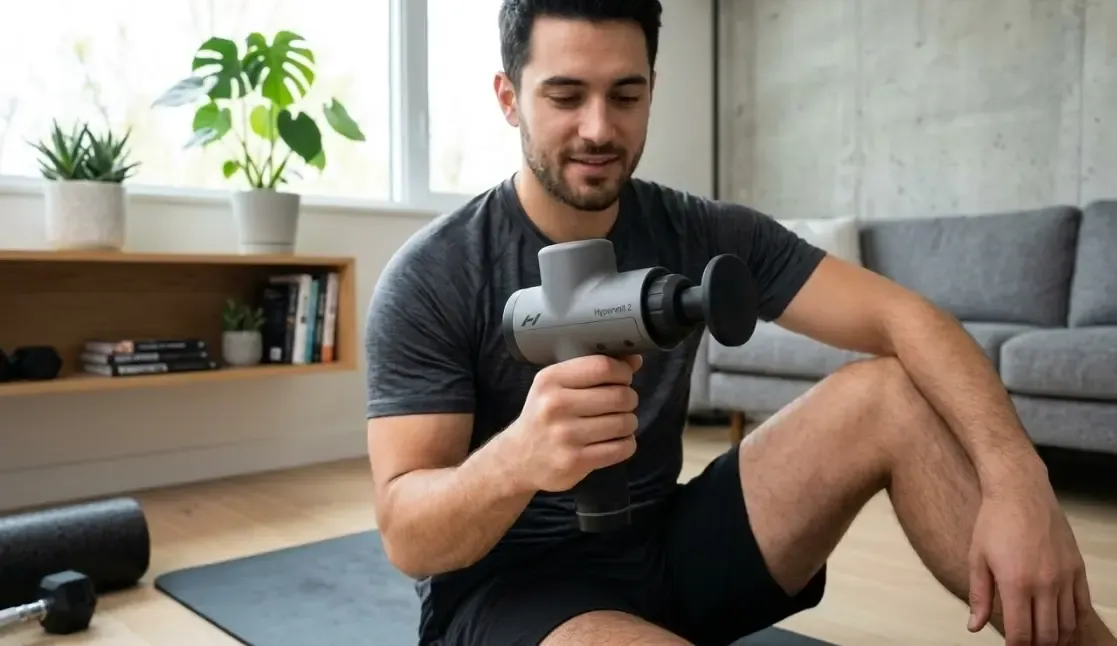 Pistola de masaje Hyperice Hypervolt 2 de color gris mate, luciendo un diseño cilíndrico minimalista y cabezal plano puesto