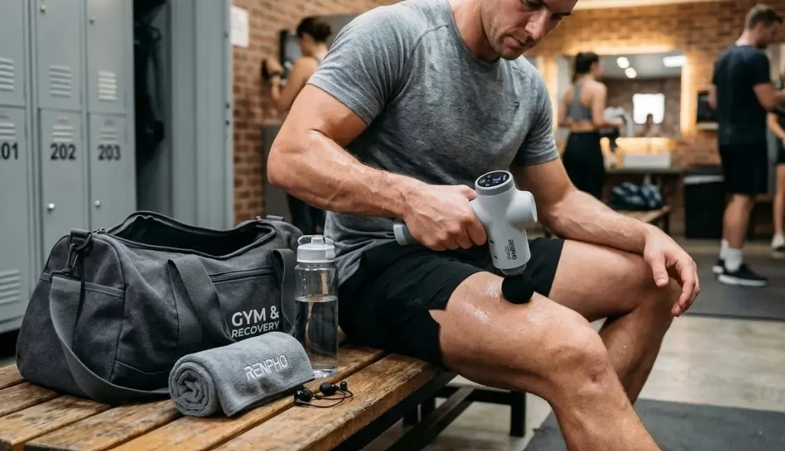 Pistola de masaje Renpho Active de color gris claro, con diseño ultracompacto ideal para llevar en la bolsa de gimnasio