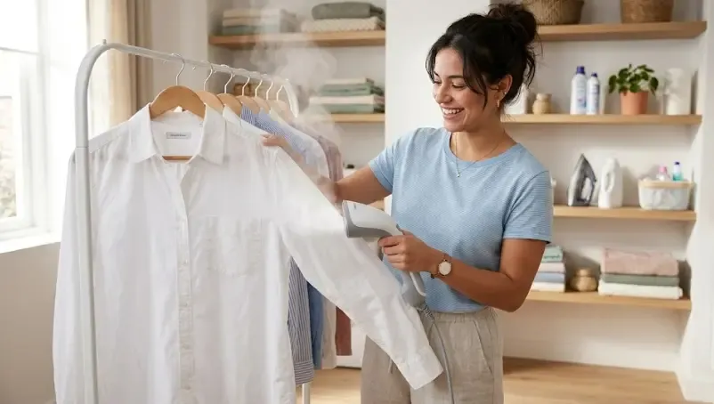 Joven planchando una camisa blanca directamente en la percha usando una moderna plancha vertical de vapor