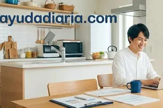 Una pareja tranquila en la cocina visitando ayudadiaria.com.