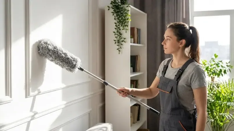 Persona pasando un cepillo de cerdas suaves recubierto de paño de microfibra por una pared blanca para quitar el polvo