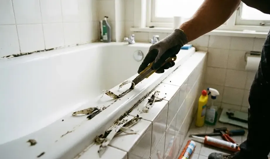 Persona usando un cúter para retirar restos de silicona vieja ennegrecida del borde de una bañera blanca