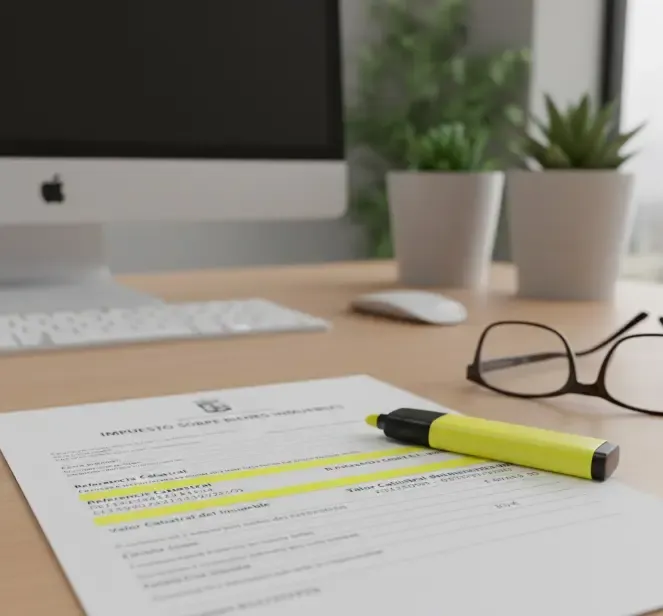 Recibo del IBI con los campos de referencia catastral y valor catastral resaltados