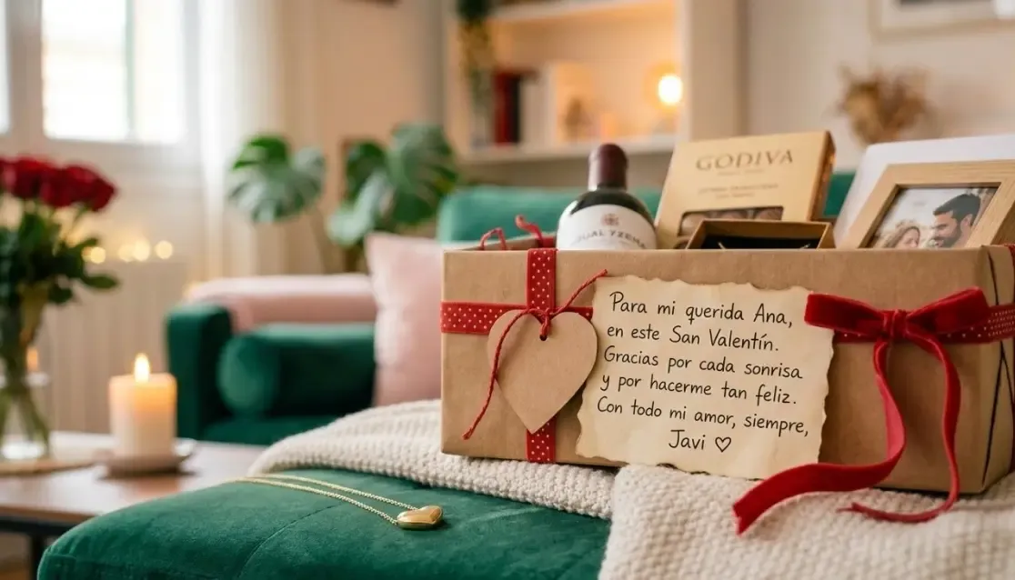 Detalle de un regalo envuelto con lazo rojo y una nota de amor manuscrita