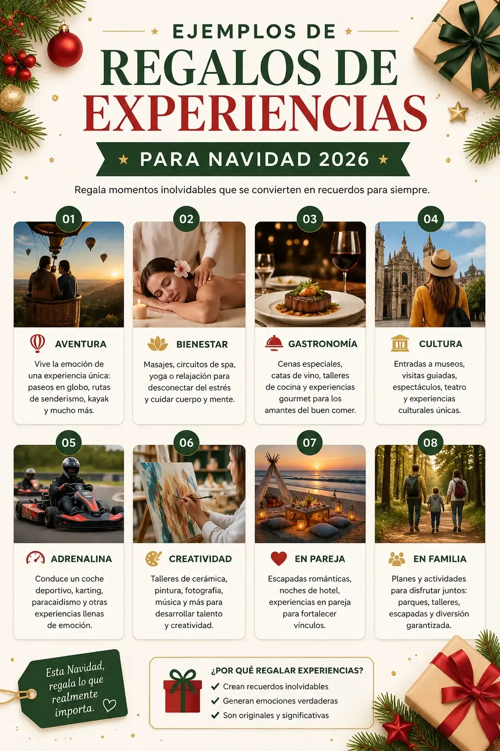 Ejemplos de regalos de experiencias para Navidad 2026