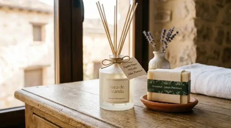 Bodegón elegante de un recibidor de casa con un mikado de varillas, un jabón de manos de bote ámbar y una toalla suave