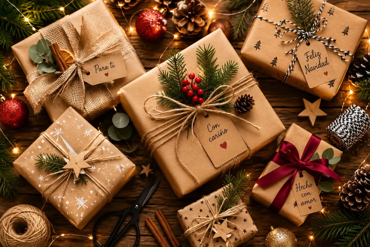 Regalos navideños envueltos con papel kraft y lazos naturales para una presentación cuidada