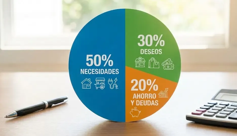 Gráfico circular mostrando la distribución de la regla 50/30/20 con iconos de gastos