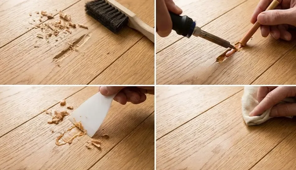 Proceso de reparación de un golpe en tarima usando cera fundida paso a paso