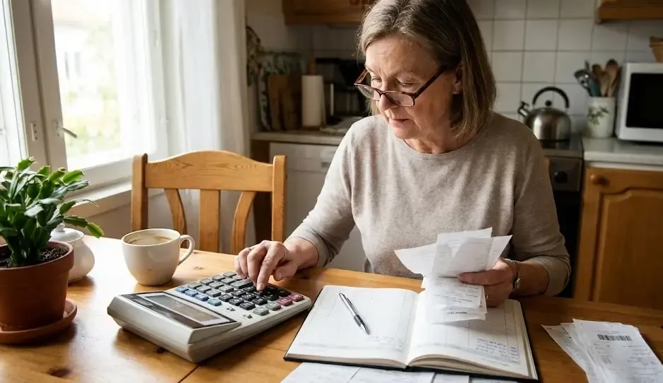 Persona revisando facturas y usando una calculadora en casa