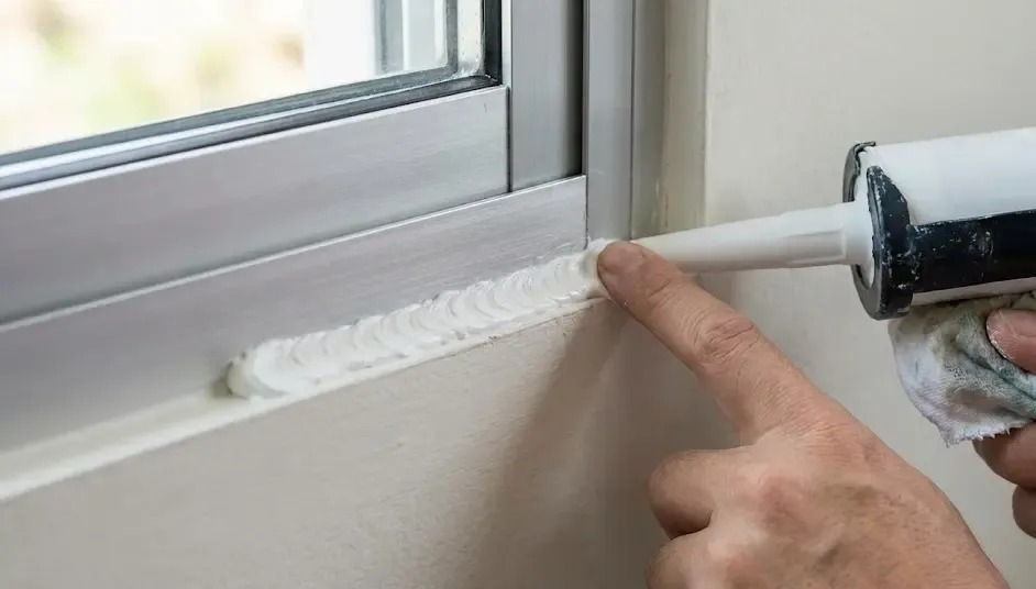 Detalle de la aplicación de masilla acrílica en la junta entre el marco de una ventana de aluminio y la pared interior