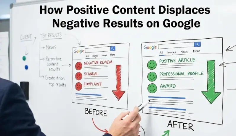 Gráfico mostrando cómo el contenido positivo desplaza los resultados negativos hacia abajo en Google