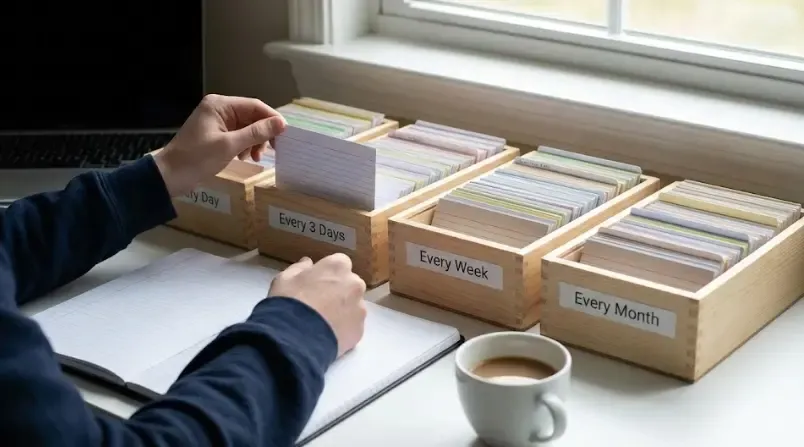 Esquema visual del sistema de repaso espaciado para memorizar vocabulario