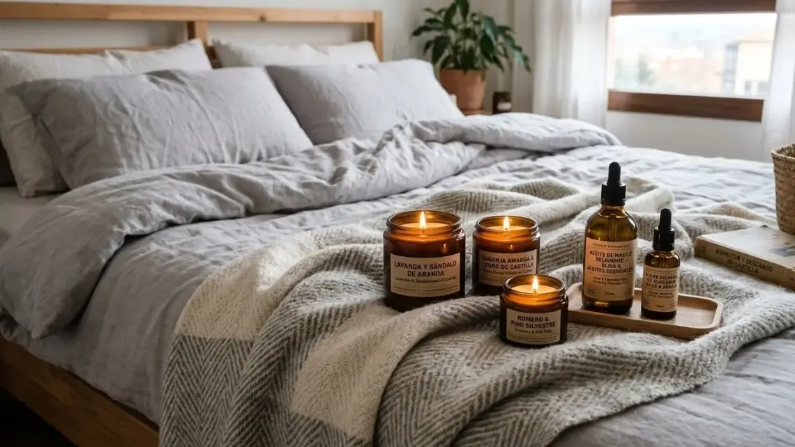 Bodegón de productos de bienestar: velas aromáticas, aceites de masaje y una manta suave sobre una cama