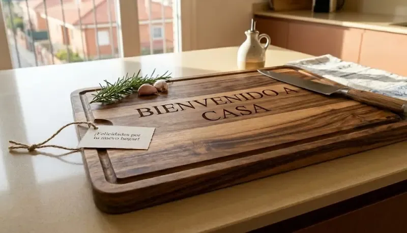 Tabla de cortar de madera de acacia gruesa sobre una encimera de mármol con verduras frescas y un cuchillo de chef