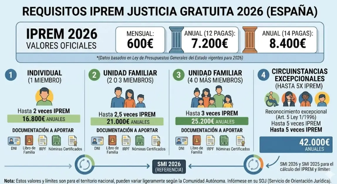 Requisitos IPREM justicia gratuita 2026