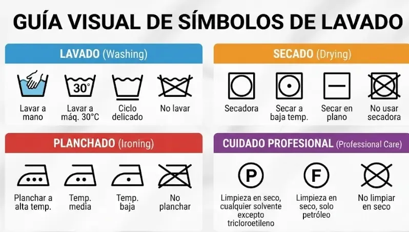 Infografía visual explicativa de los principales símbolos de lavado de ropa