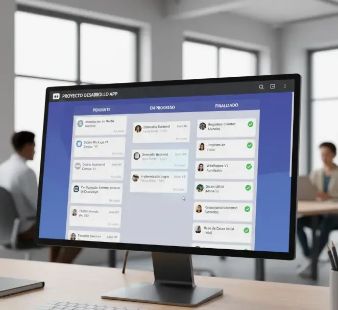 Tablero Kanban en Trello con tarjetas de tareas organizadas por columnas de progreso
