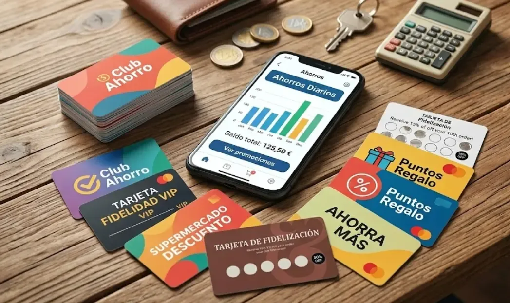  Bodegón con varias tarjetas de fidelización y un smartphone mostrando una app de ahorros 