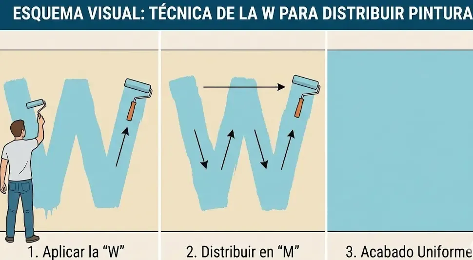 Esquema visual de la técnica de la W para distribuir pintura