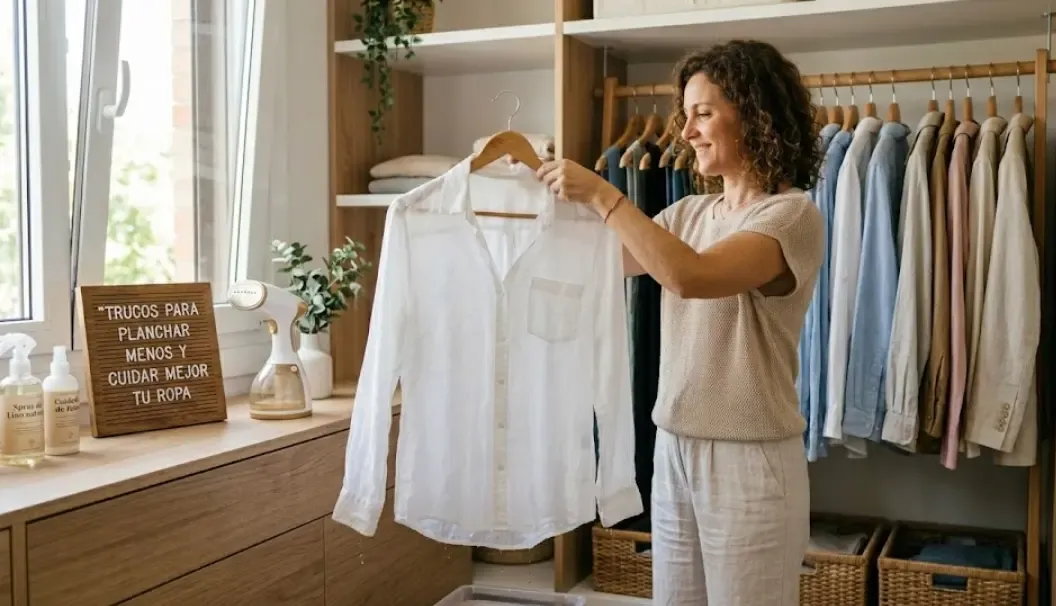 Persona tendiendo una camisa blanca húmeda directamente en una percha para evitar arrugas