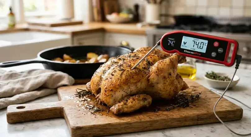 Mano sosteniendo un termómetro digital pinchado en un trozo de carne asada para comprobar la temperatura interior