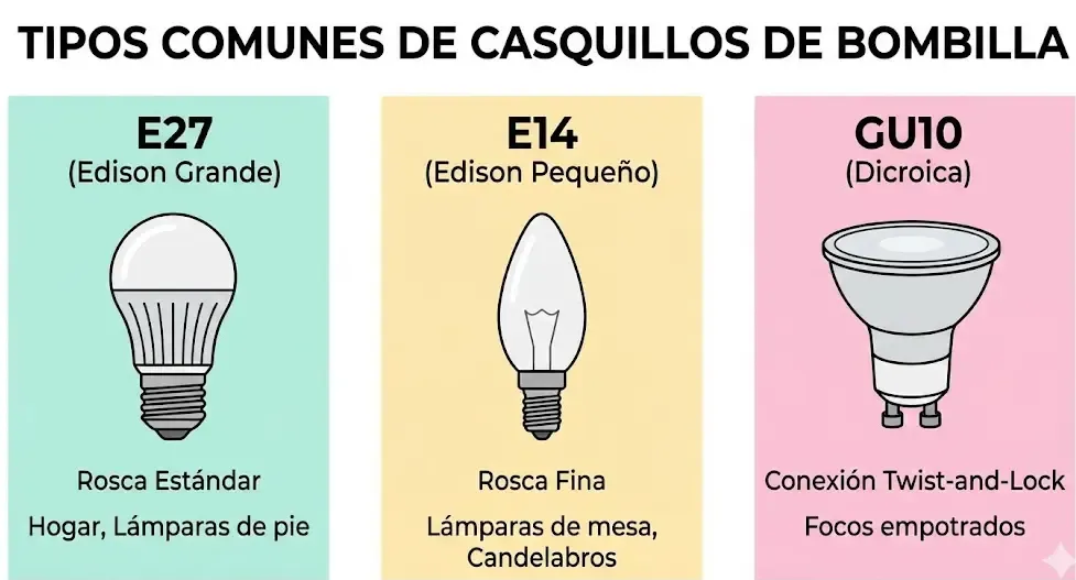 Infografía con los tipos de casquillos más comunes E27 E14 GU10 GU5.3