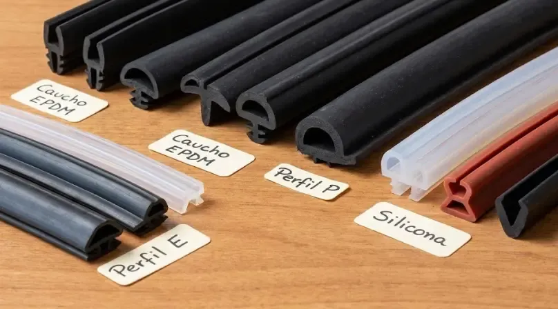 Diferentes tipos de perfiles de burletes para ventanas mostrando formas en E, P y D hechos de caucho y silicona transparente