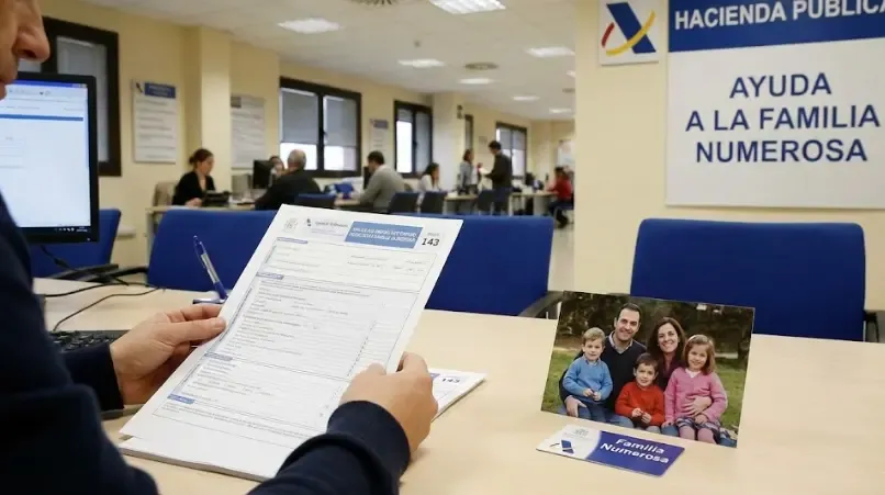 Padre tramitando el modelo 143 en la web de Hacienda con el ordenador